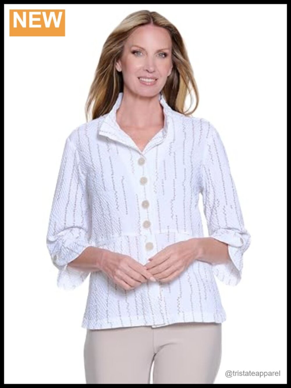 Womens Woven Button Front Shirt with Collared Neck 3/4 Sleeves Cuff
